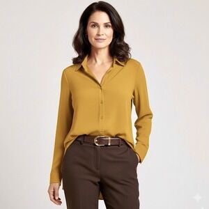 Susan Graver Sz M Liquid Knit Blouse Marigold Yellow Button Long‎ Sleeve Tunic